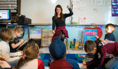Sarah Miller, a 1st and 2nd-grade mixed teacher at Rich Pond Elementary (Warren County) works on reading comprehension with her students.