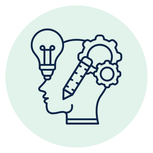 Icon head with a lightbulb and gears