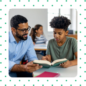 Teacher and student reading a book together